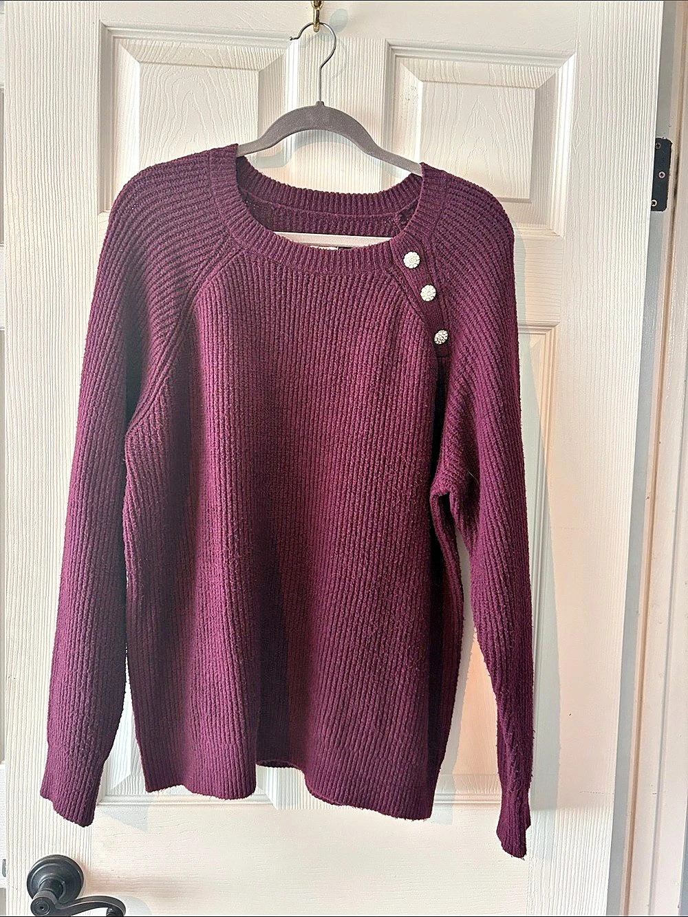 Knox Rose Ribbed Knit Pullover with Rhinestone Shoulder Buttons Purple XXL